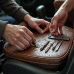 A person using a leather repair kit to fix a tear in a perforated leather car seat