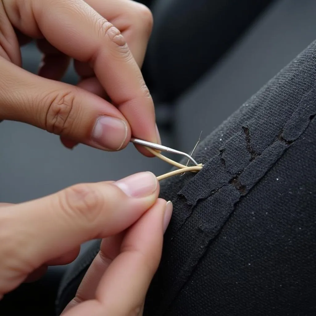 Close-up of a person stitching a ripped car seat with a curved needle