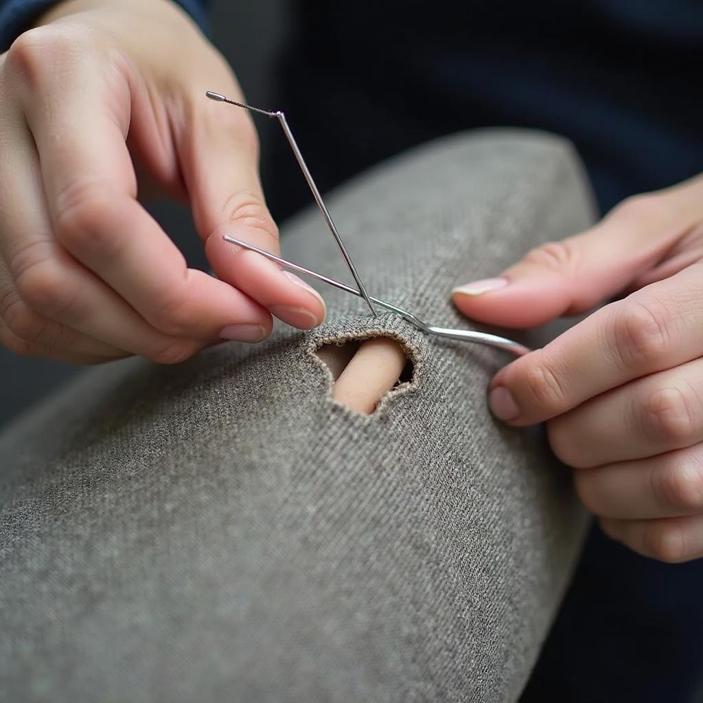 Repairing Torn Cloth Car Seat with Needle and Thread