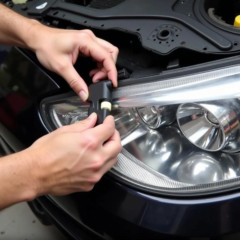 Replacing a car headlight bulb.