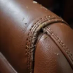 Close-up of a ripped leather car seat seam