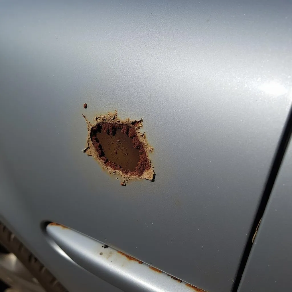 Close-up of a rock chip exposing bare metal on a car door