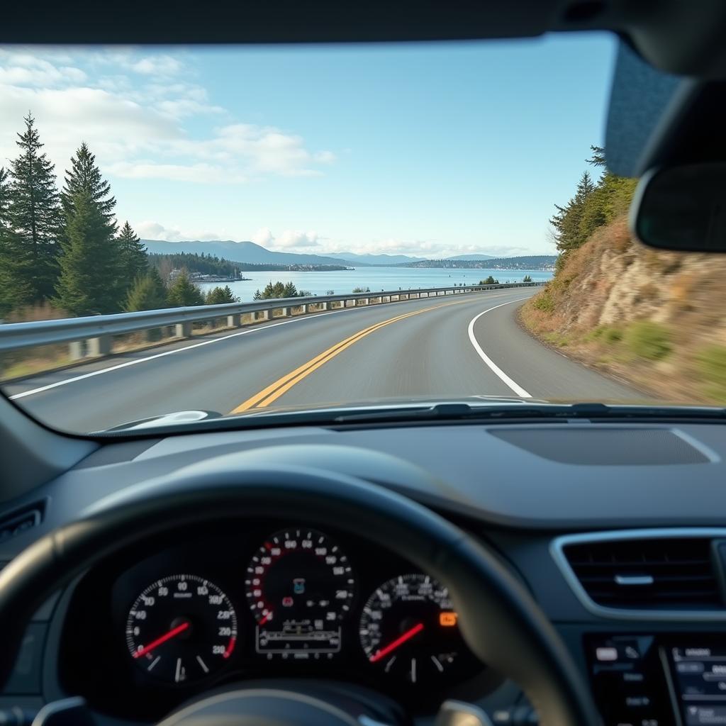 Car driving on a scenic route in Tacoma with a clear windshield