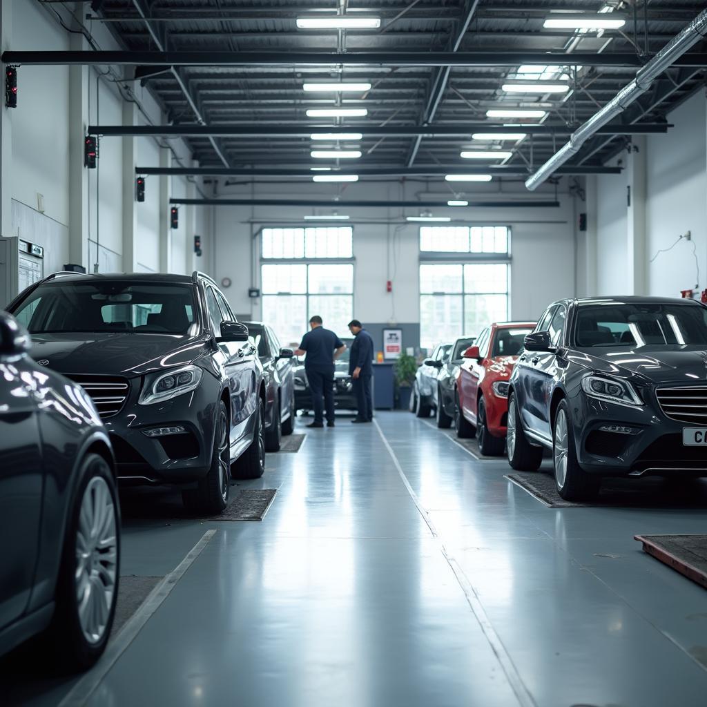 Modern car repair shop in Salford with technicians working.