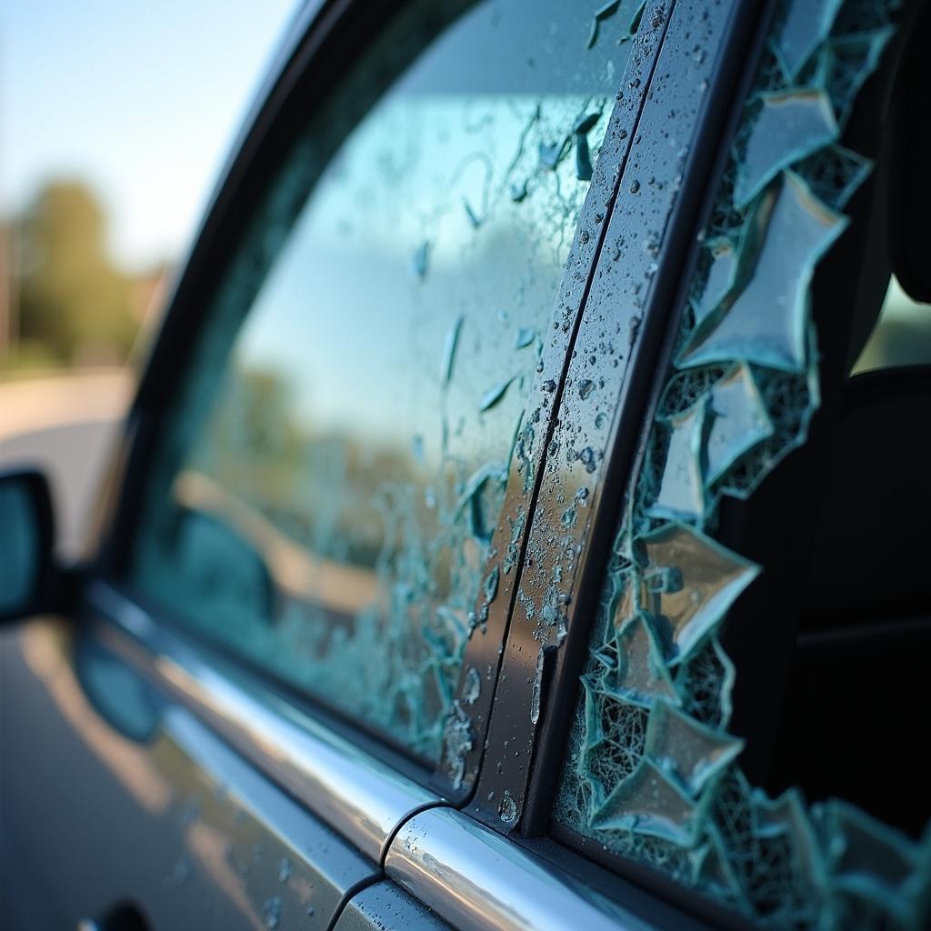 Car window with extensive damage from a break-in