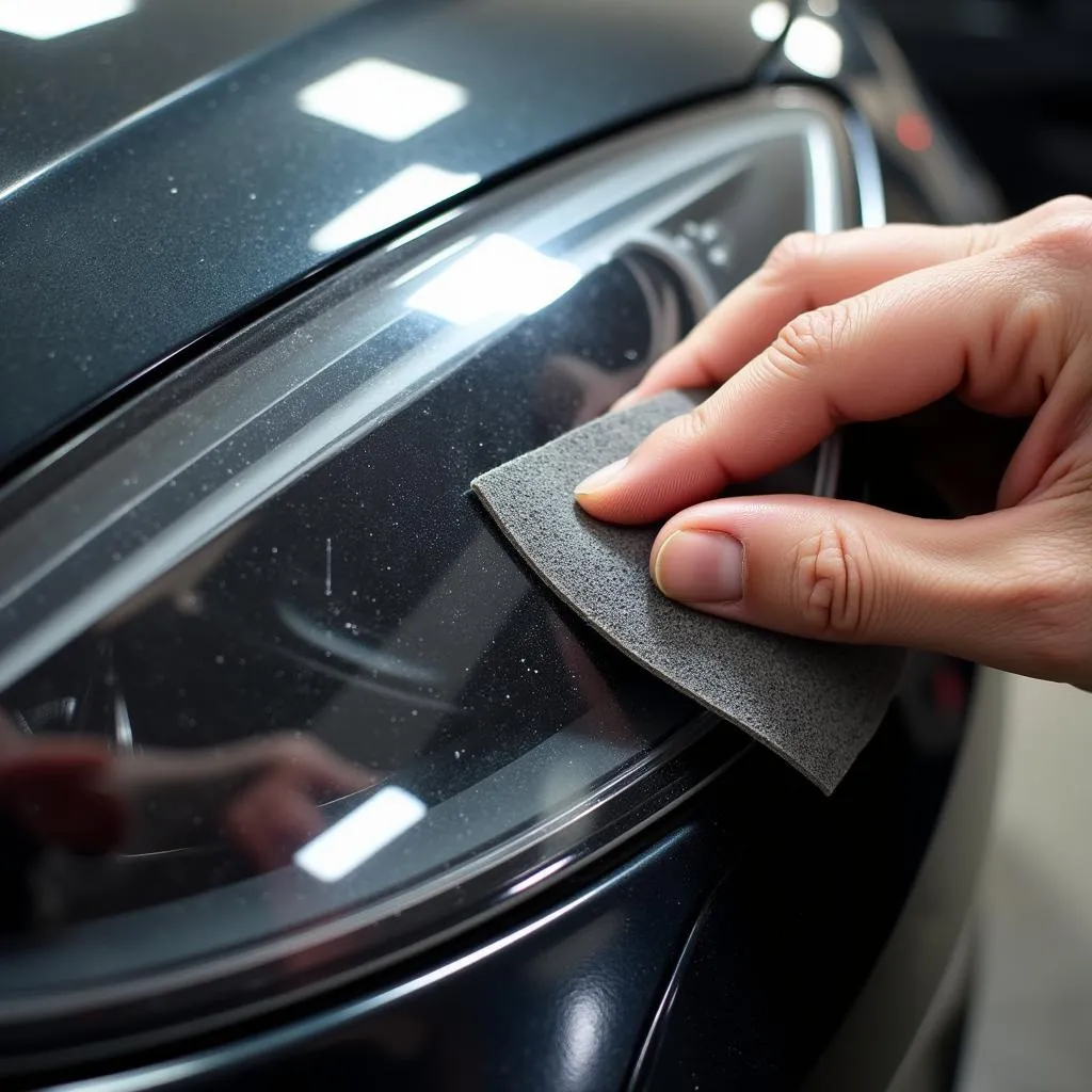 Sanding a car light lens with sandpaper