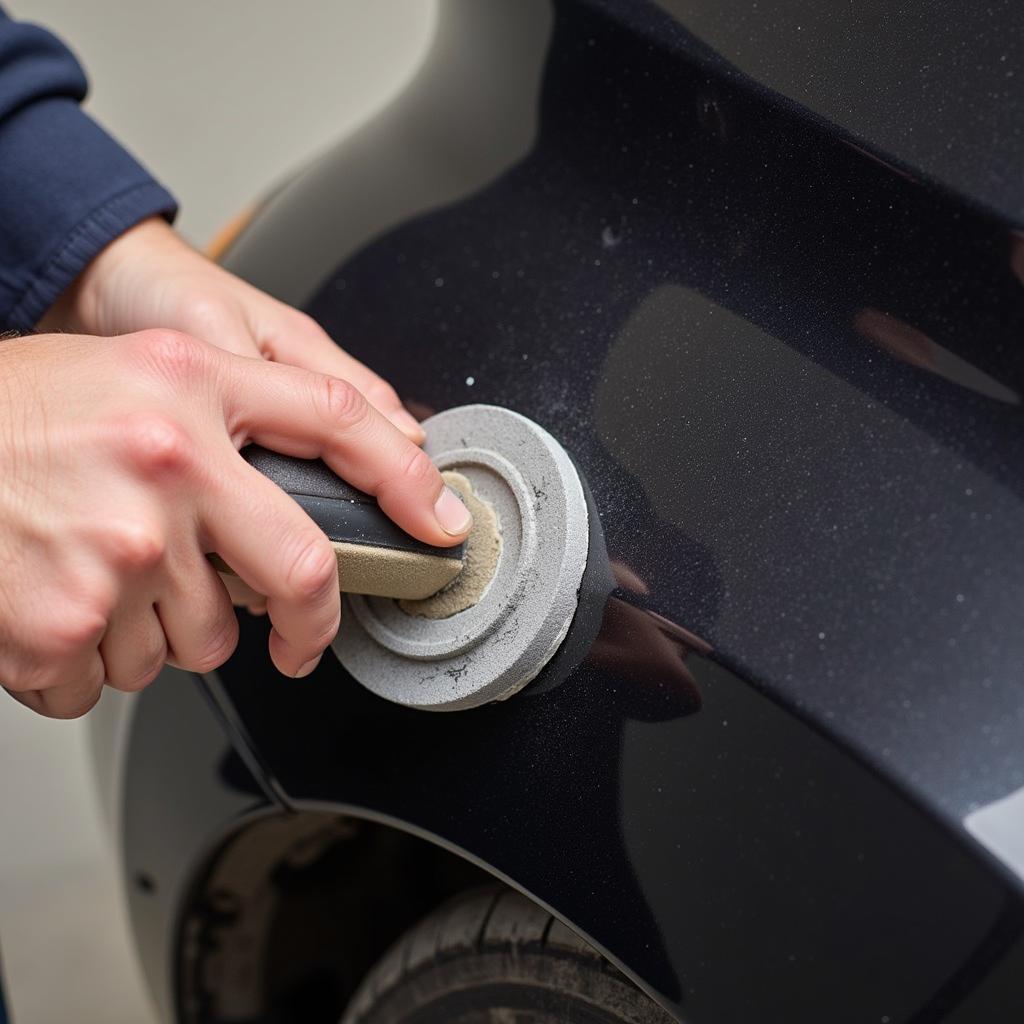 Sanding a repaired black plastic car bumper