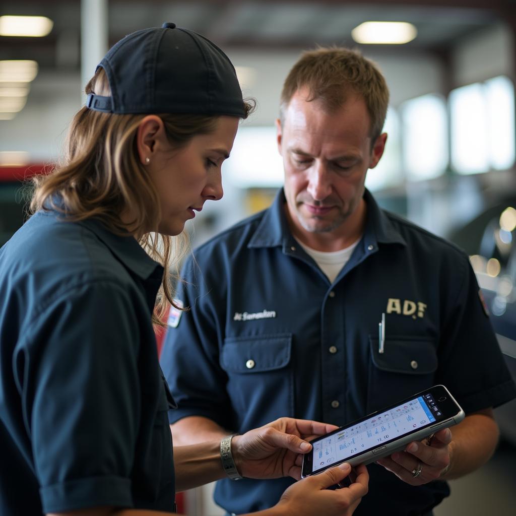 Customer discussing car window repair options with a technician in Sanger, CA