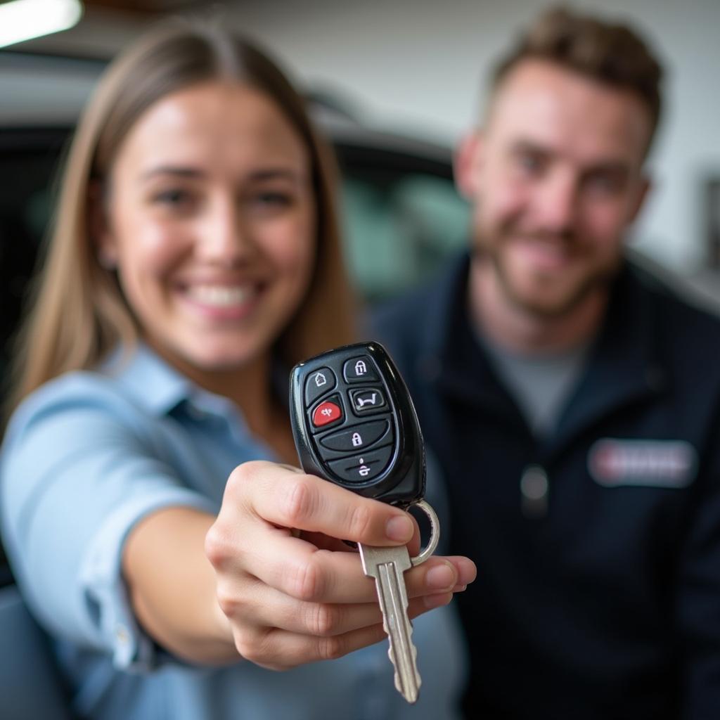 A happy customer receiving their repaired car