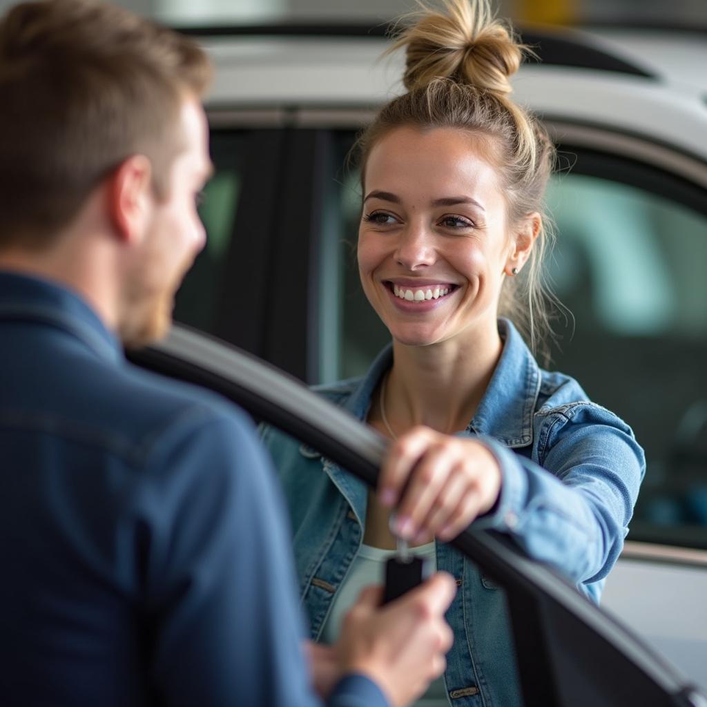 Happy customer receiving their car after a successful window repair in Ventura County