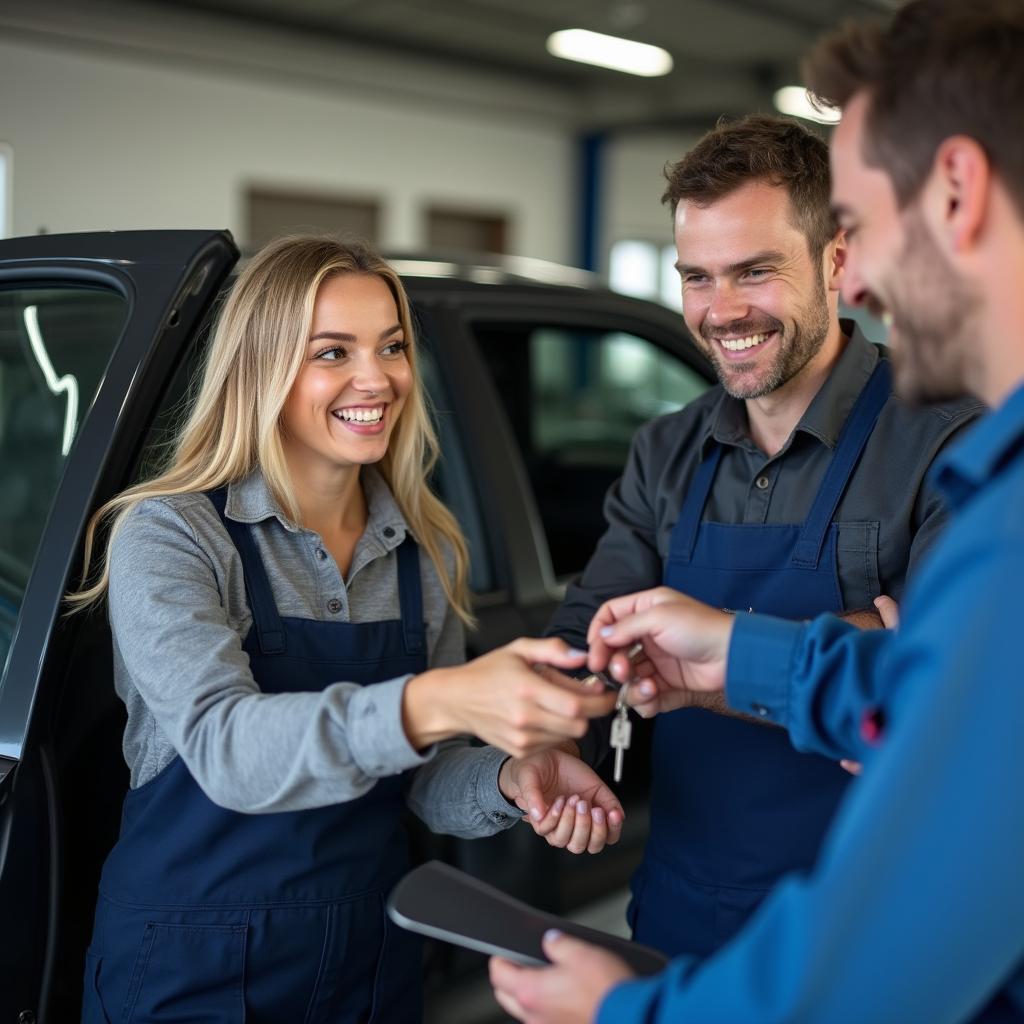 A satisfied customer receiving their repaired car in Hinckley