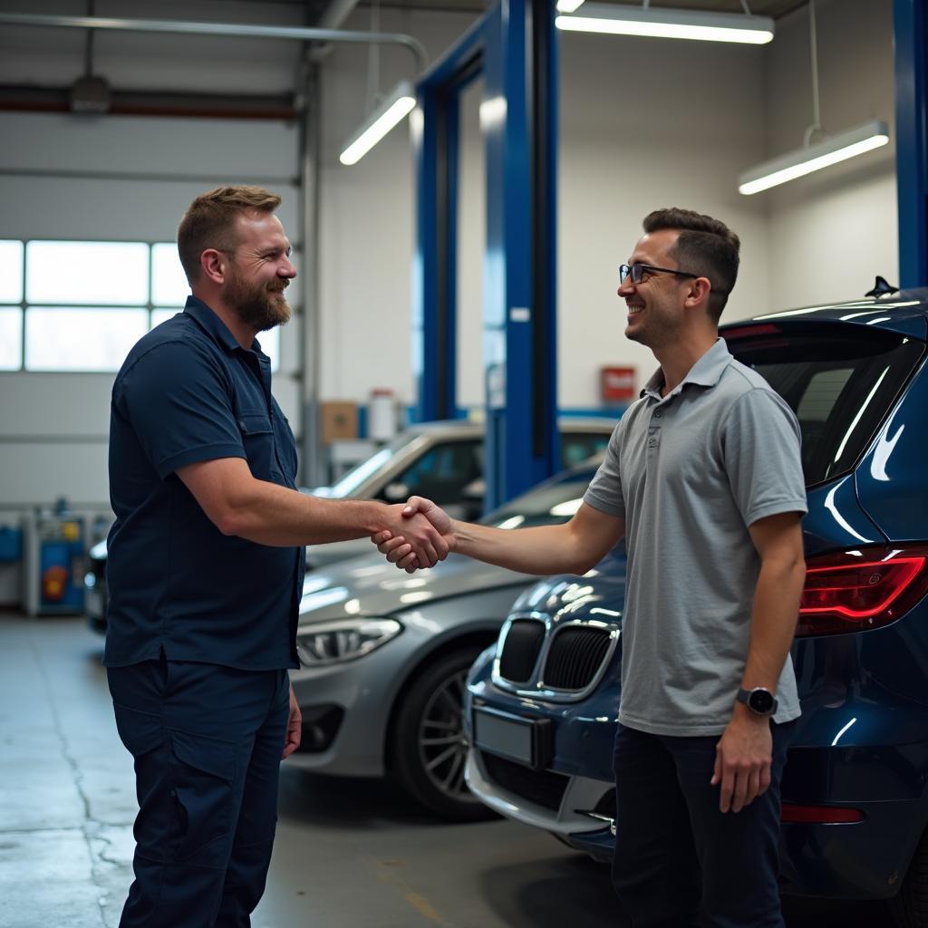 A satisfied customer receives their repaired car at a Leeds Road car body repair shop