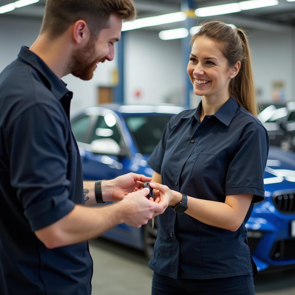 A satisfied customer receiving their repaired car at a LE9 7NH body shop