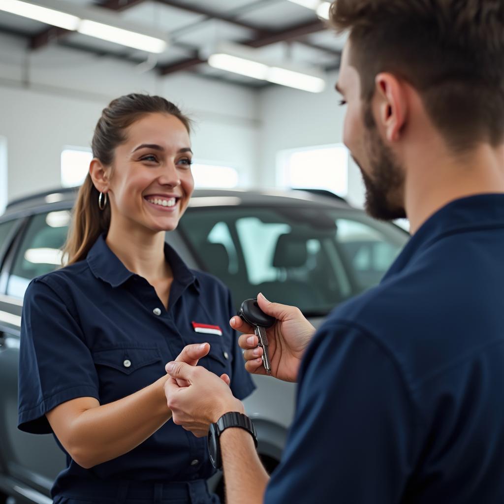  A satisfied customer receiving car keys from a mechanic after a car electric repair in Mounta Leigh