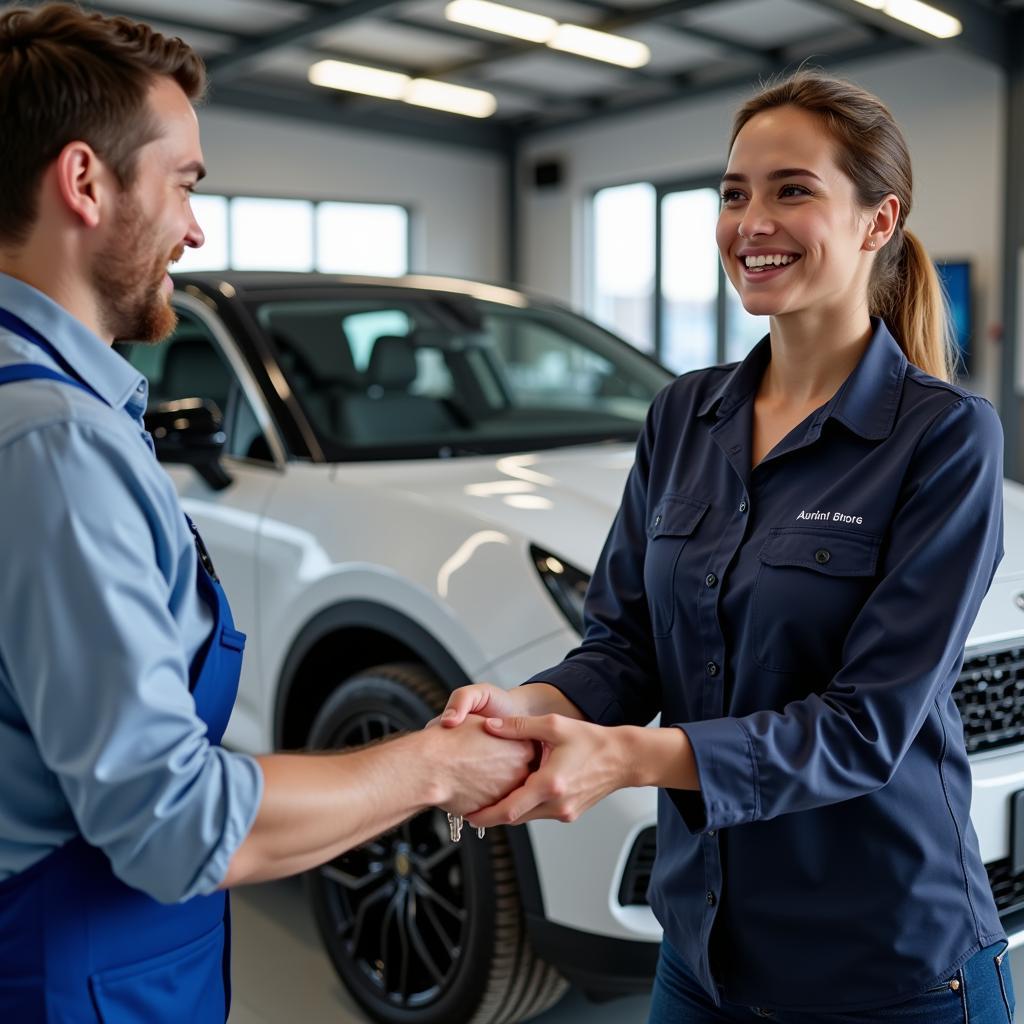 Satisfied Customer Receiving Repaired Car