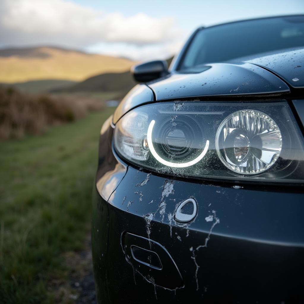 Car bumper with visible damage in a Scottish Borders setting