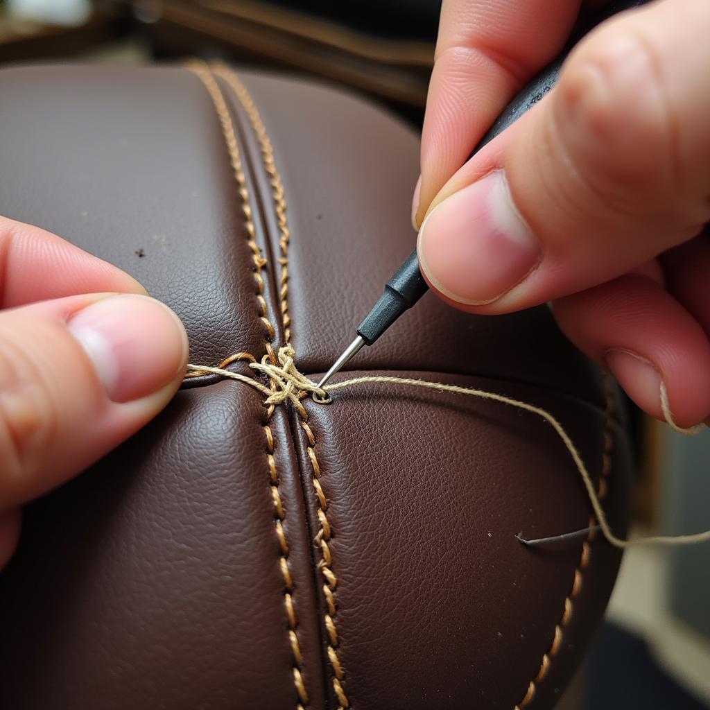 Sewing a leather car seat with a curved needle