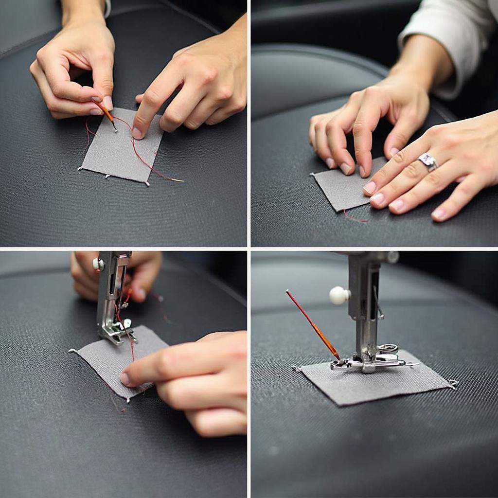 Sewing a patch onto a car seat for a durable repair 