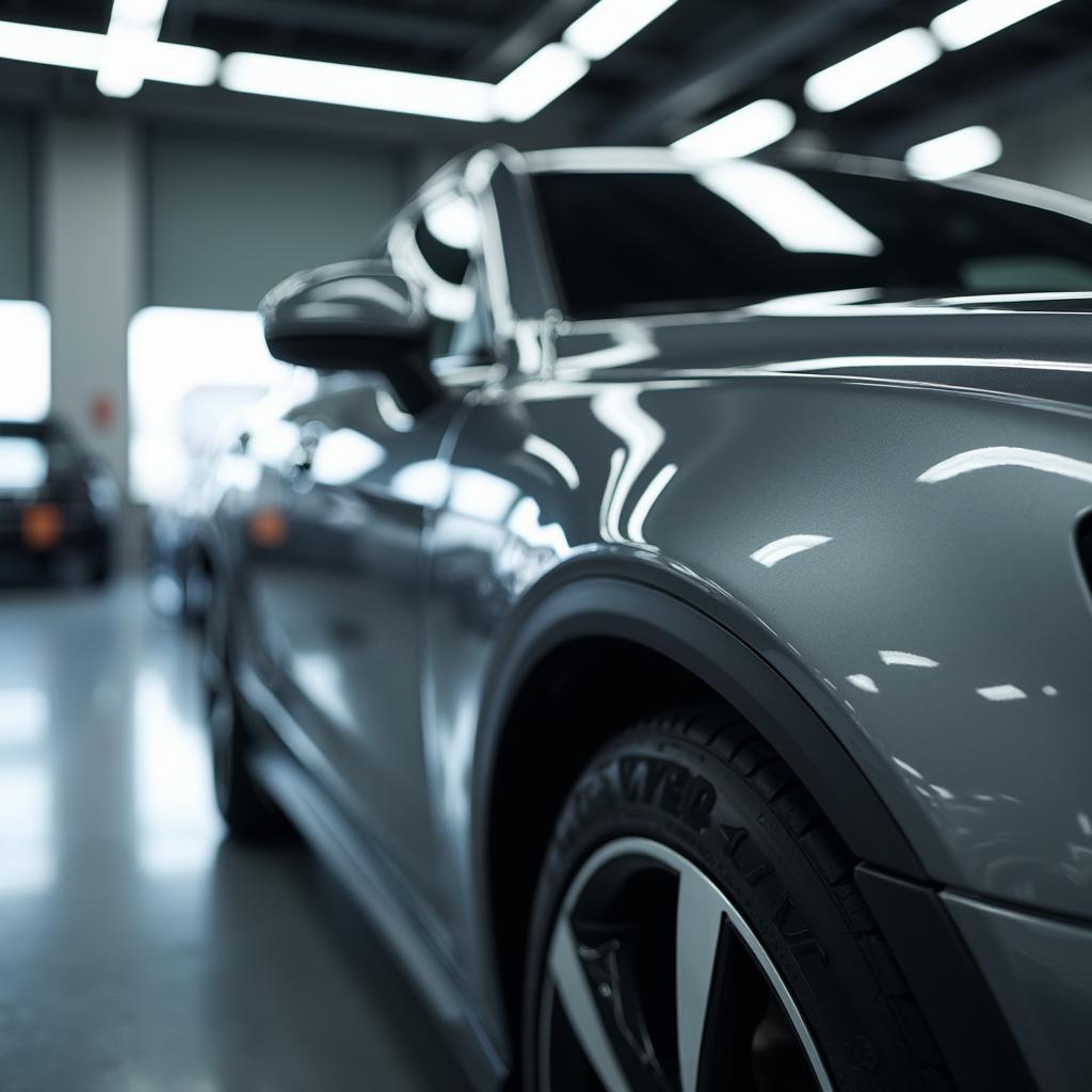 A gleaming car with a flawless paint job in a Houston showroom.