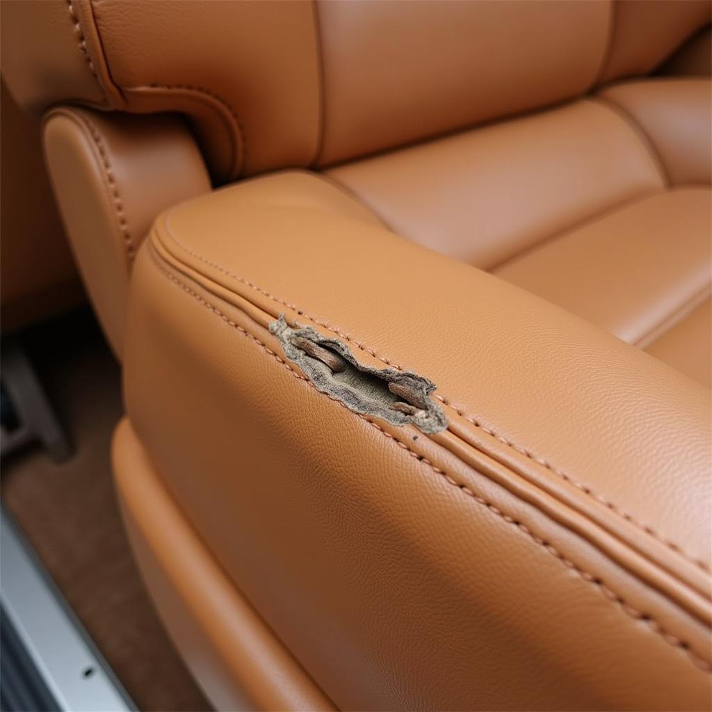 Close-up of a small tear in the side of a leather car seat