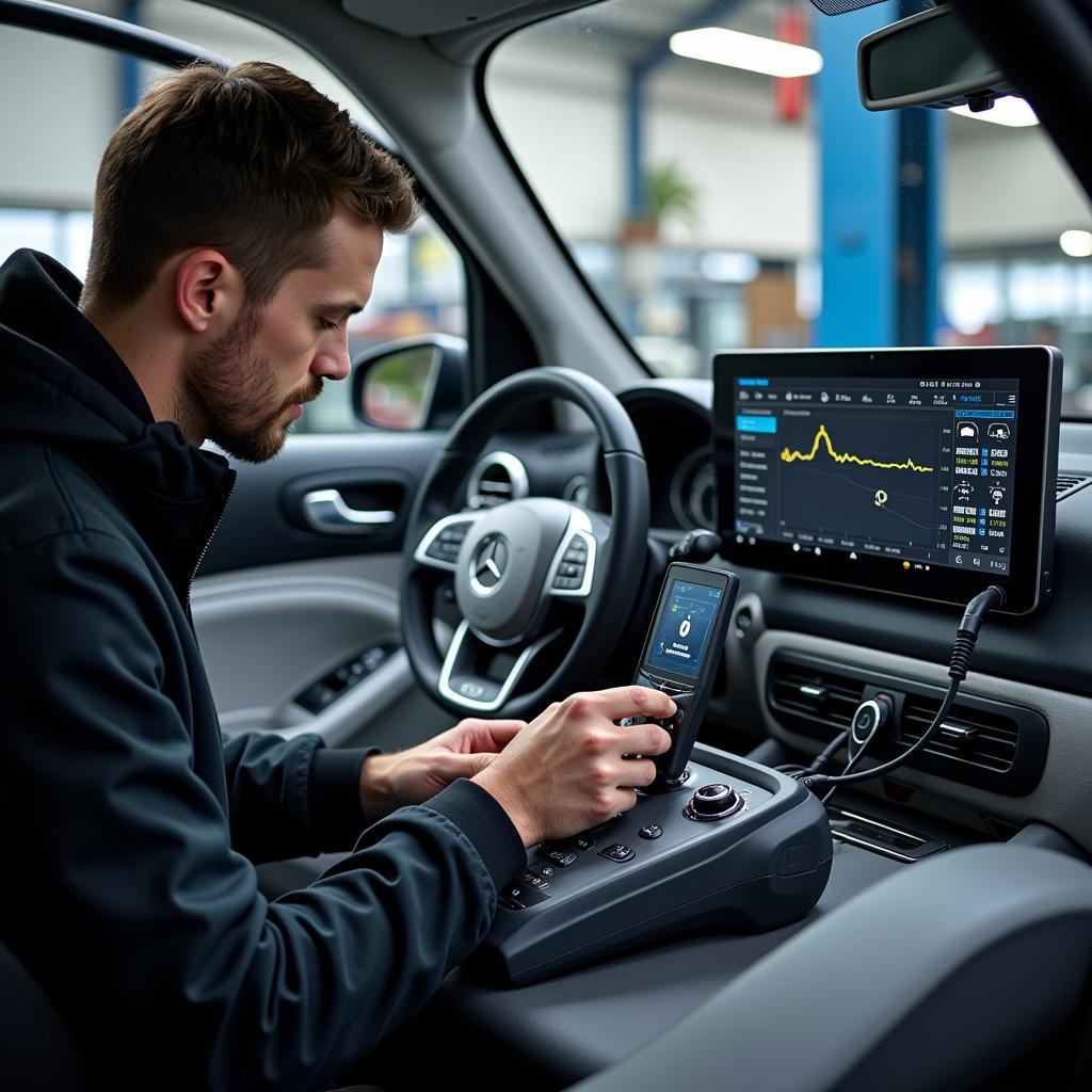 Smart car diagnostic tools in a repair shop