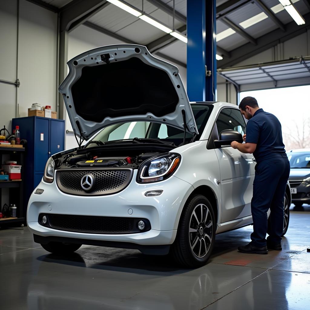 Smart car undergoing routine maintenance