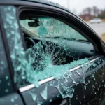 Smashed Car Window with Extensive Damage