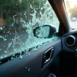 Image of a car with a smashed window, showing shattered glass