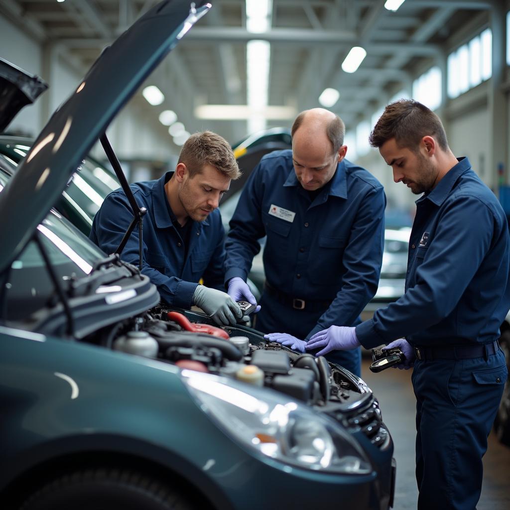 Experienced car body repair technicians working on a vehicle in Stockport