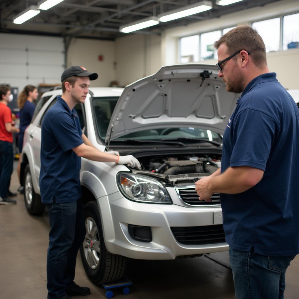 Students practicing car body repair skills