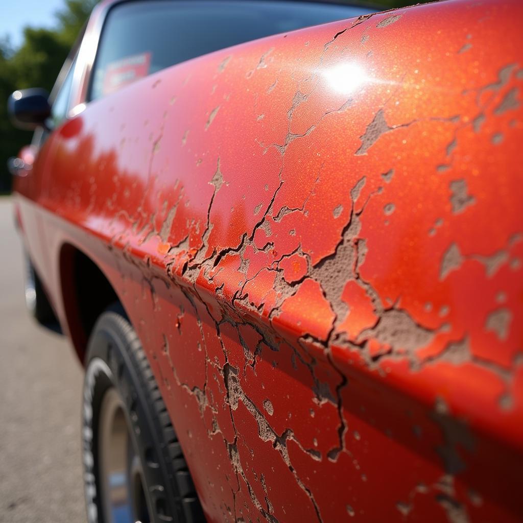 Close-up view of sun-damaged car paint