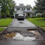 Driveway with a sunken area where a car is parked