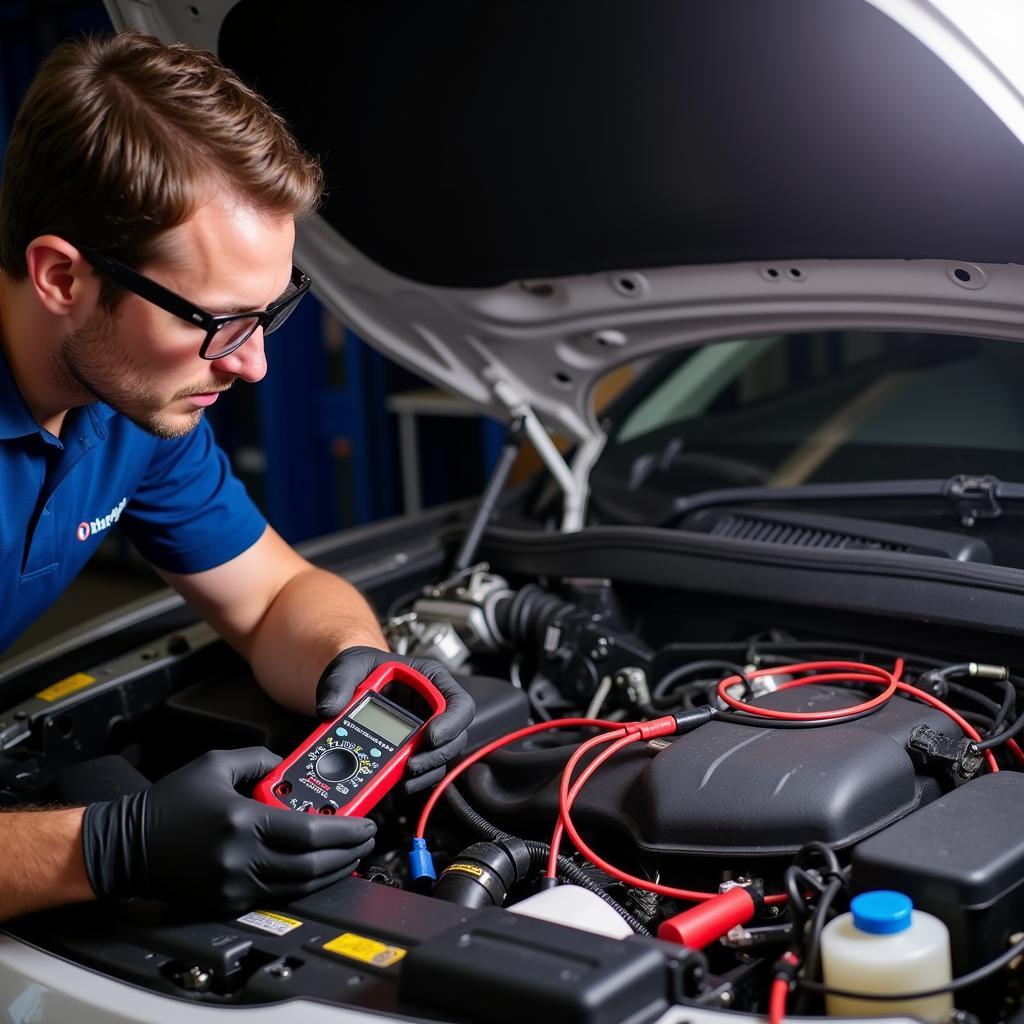 Technician Diagnosing Lightning Damage to Car Electrical System