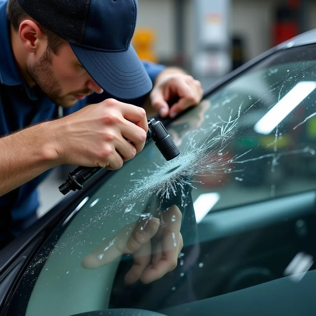 Expert Technician Inspecting Windshield Damage