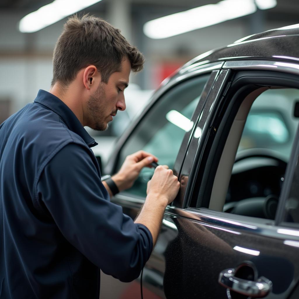 Skilled technician repairing a car window in Lithonia