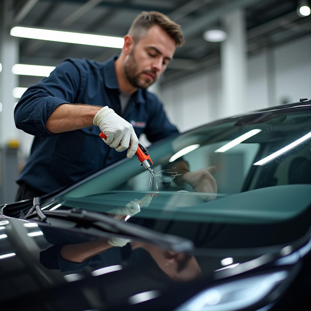 Professional Technician Repairing Windshield Chip