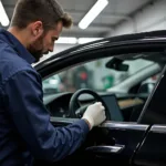 Skilled technician replacing a Tesla Model 3 window