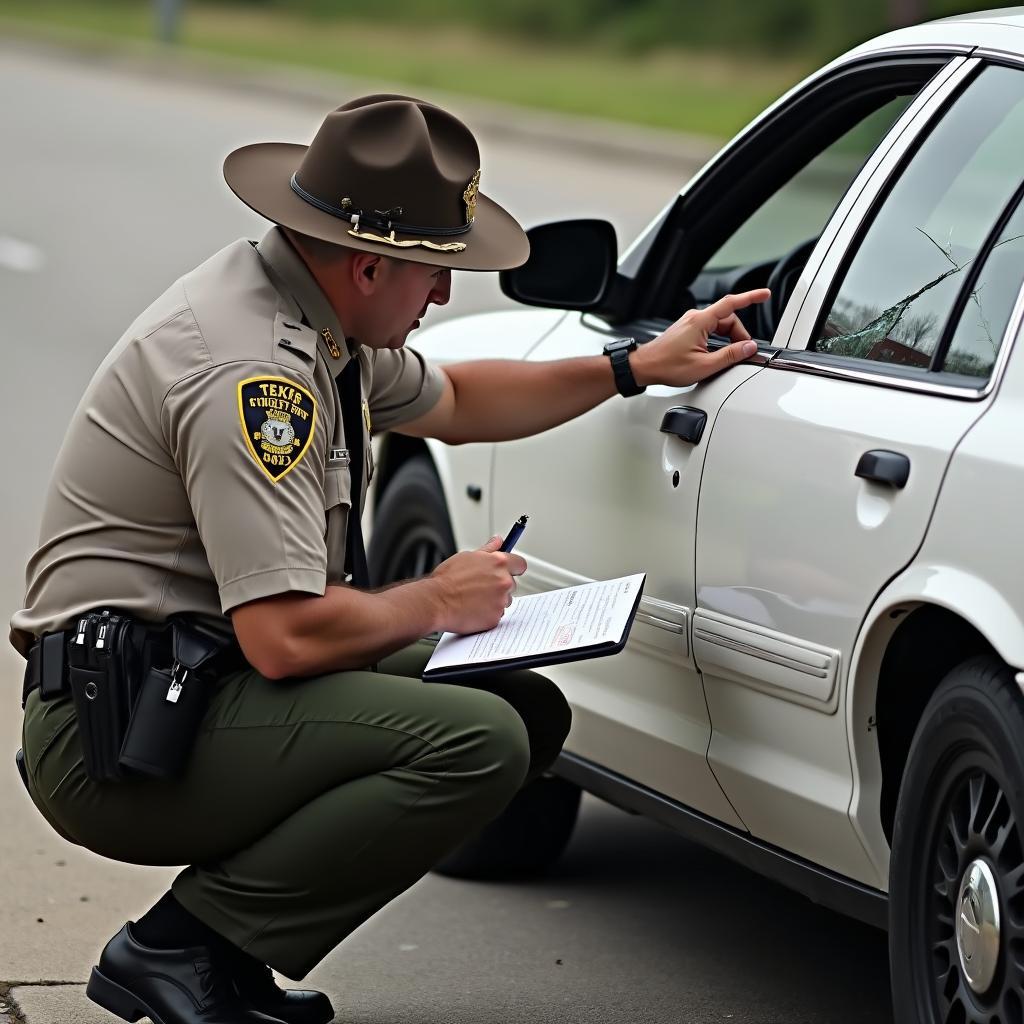 Texas law enforcement officer inspecting car window crack