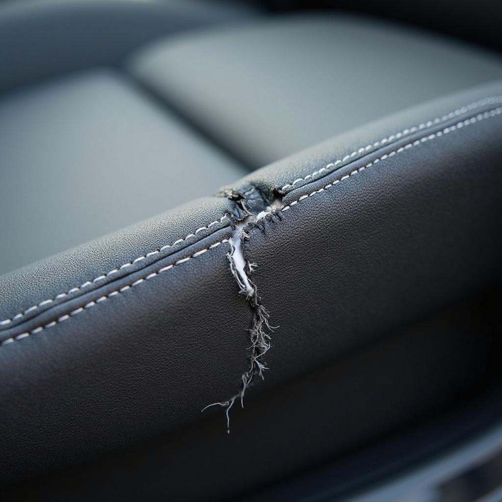 Close-up of a torn car seat seam