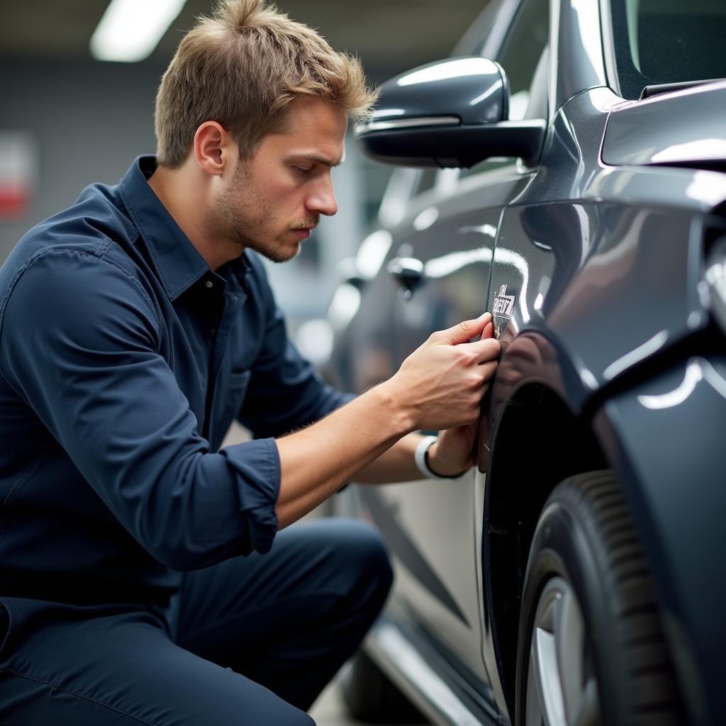 Torquay car body repair expert inspecting a vehicle