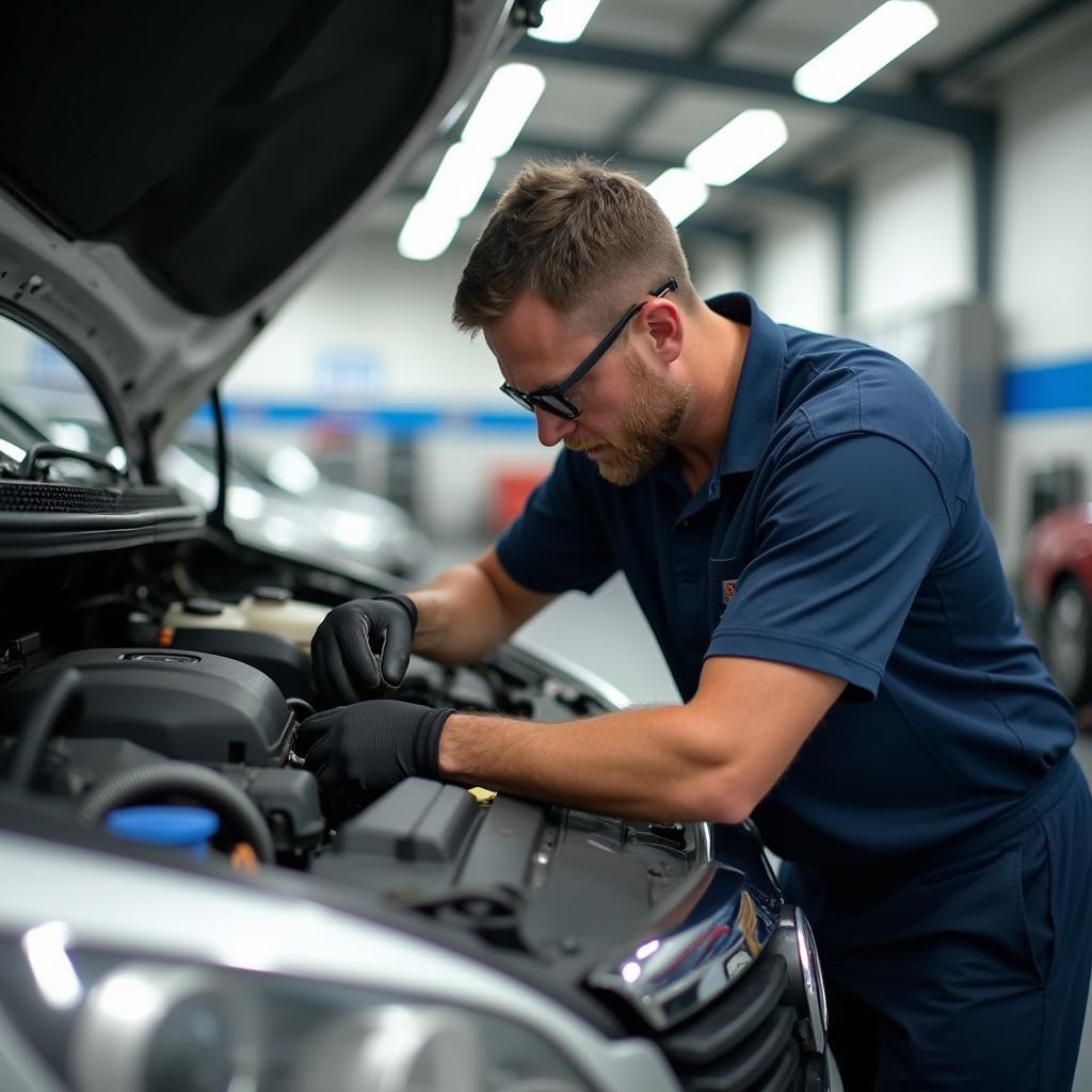 Expertly trained mechanic working on a car's AC system in a Townsville repair shop