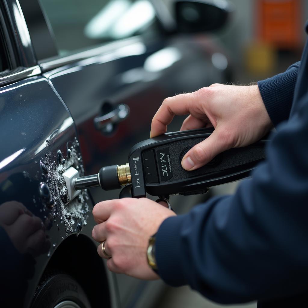 Experienced car body repair technician assessing damage in Trafford Park