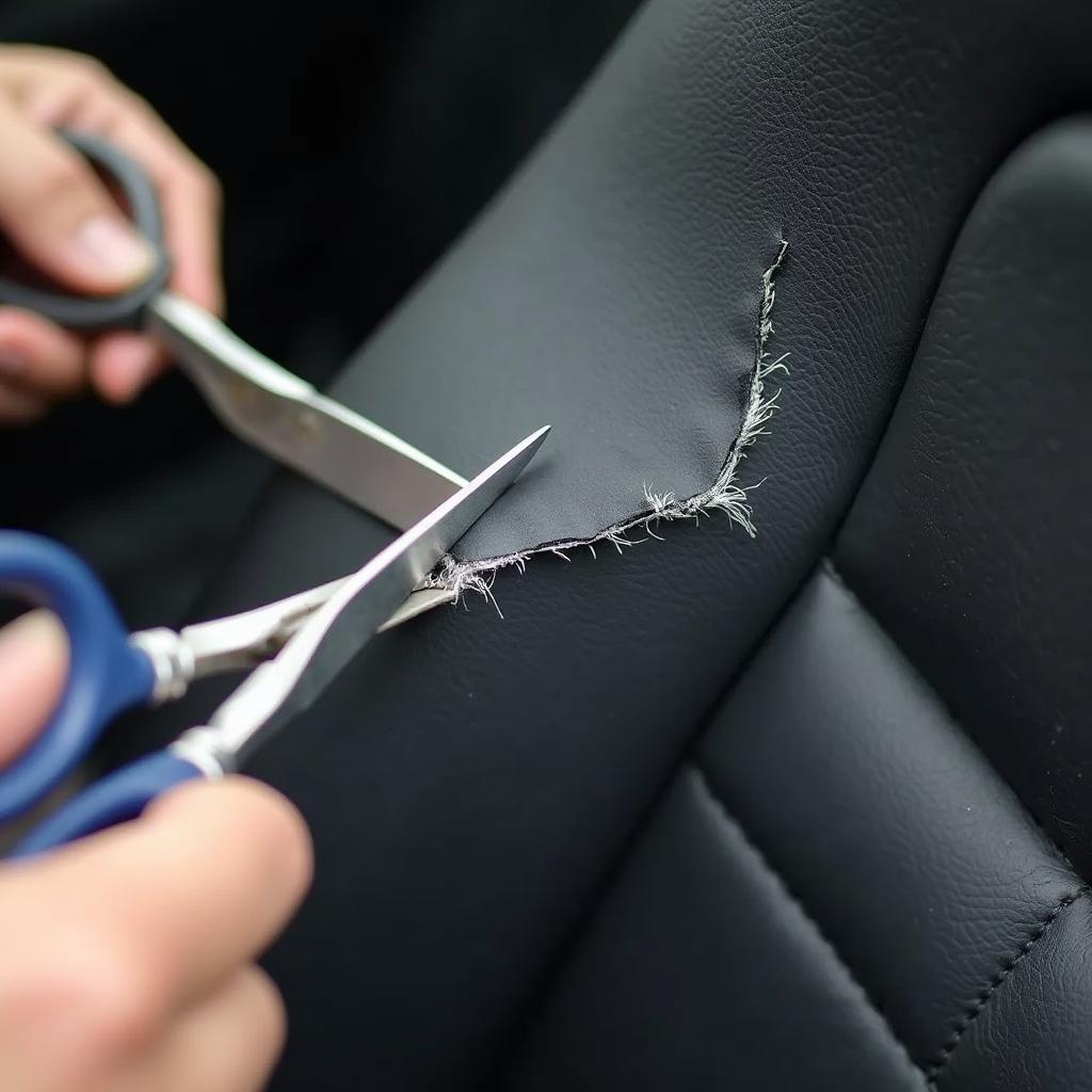 Trimming frayed edges of a tear in a car seat