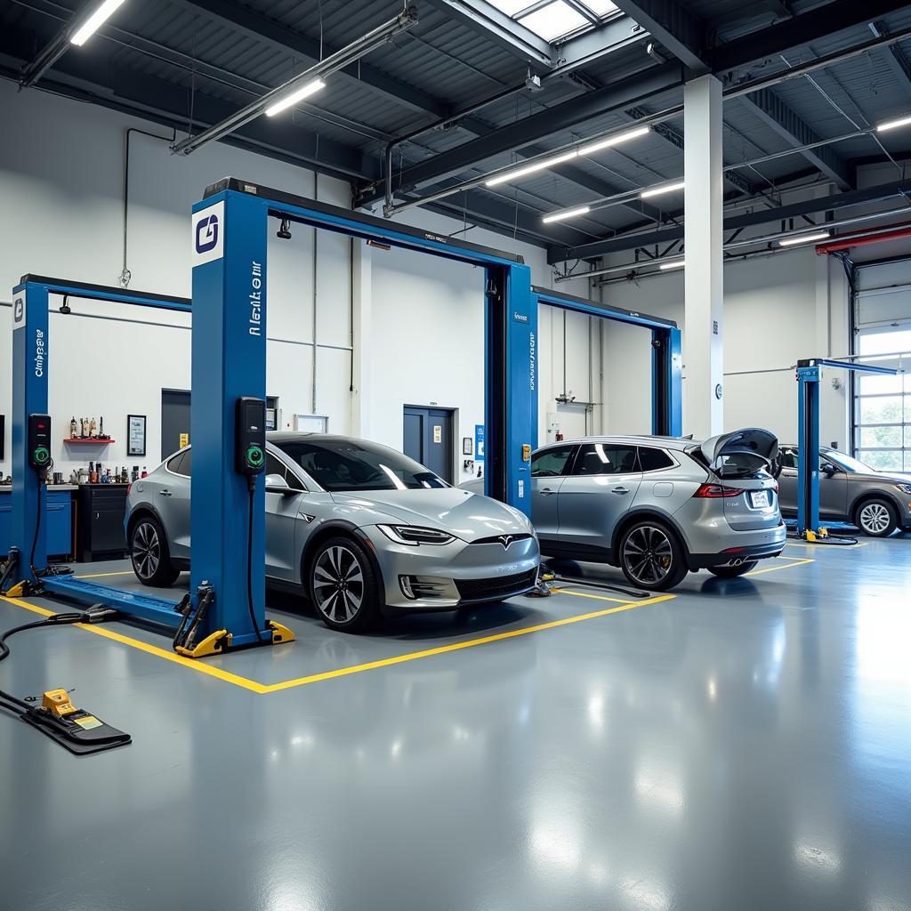 Modern car repair shop specializing in electric vehicles in the UK