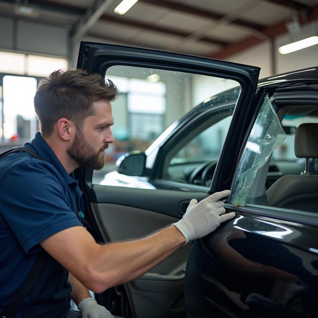 Replacing a car window at a repair shop in Upland, CA