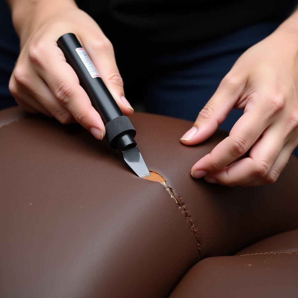 Using leather filler to repair a car seat tear