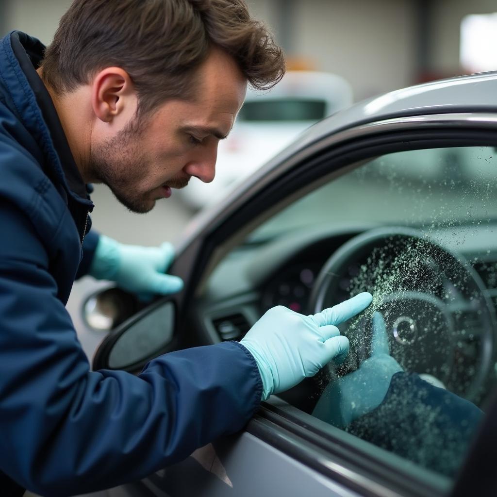 A Vallejo car window repair technician inspects a windshield