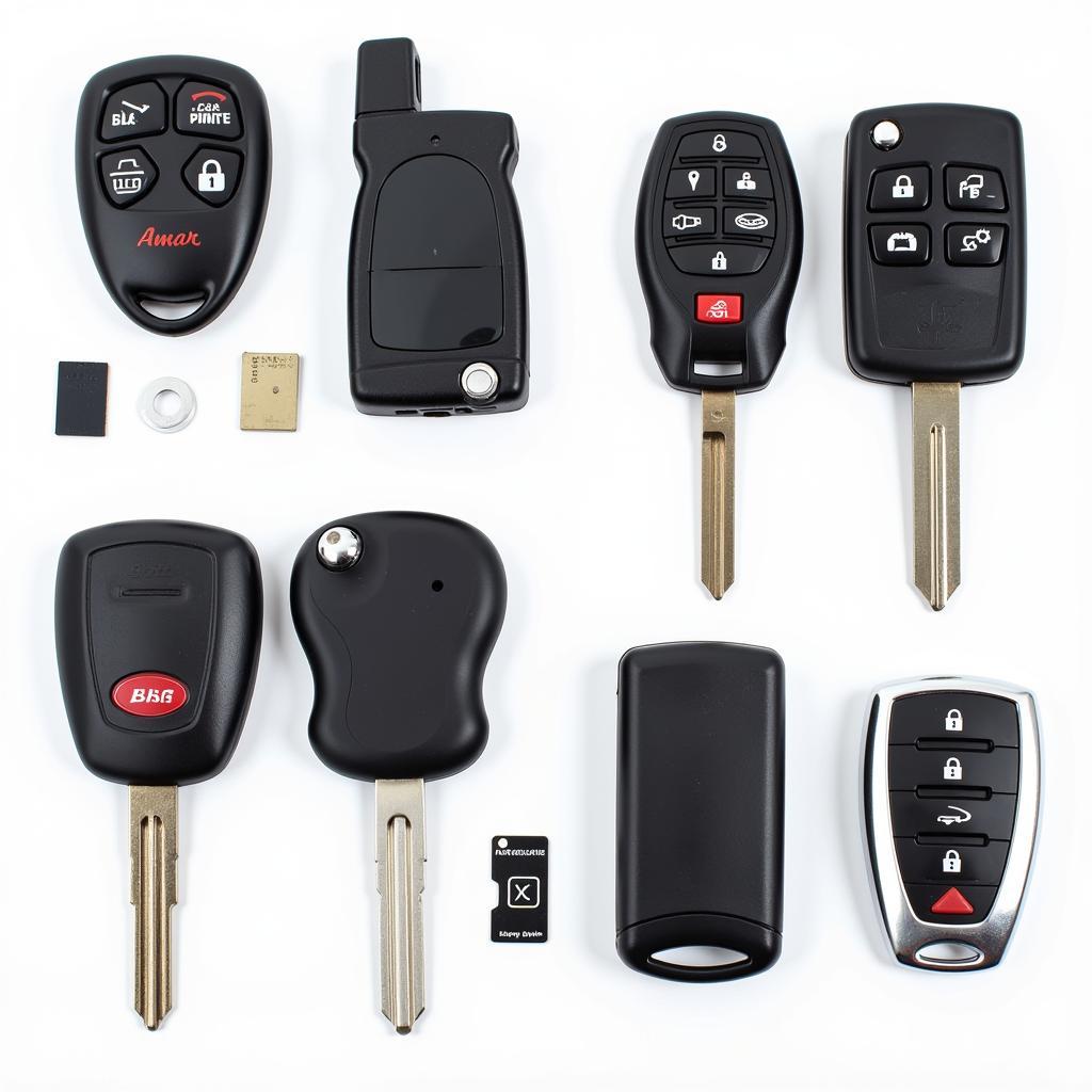 An assortment of car key remotes and transponder chips from different car manufacturers.