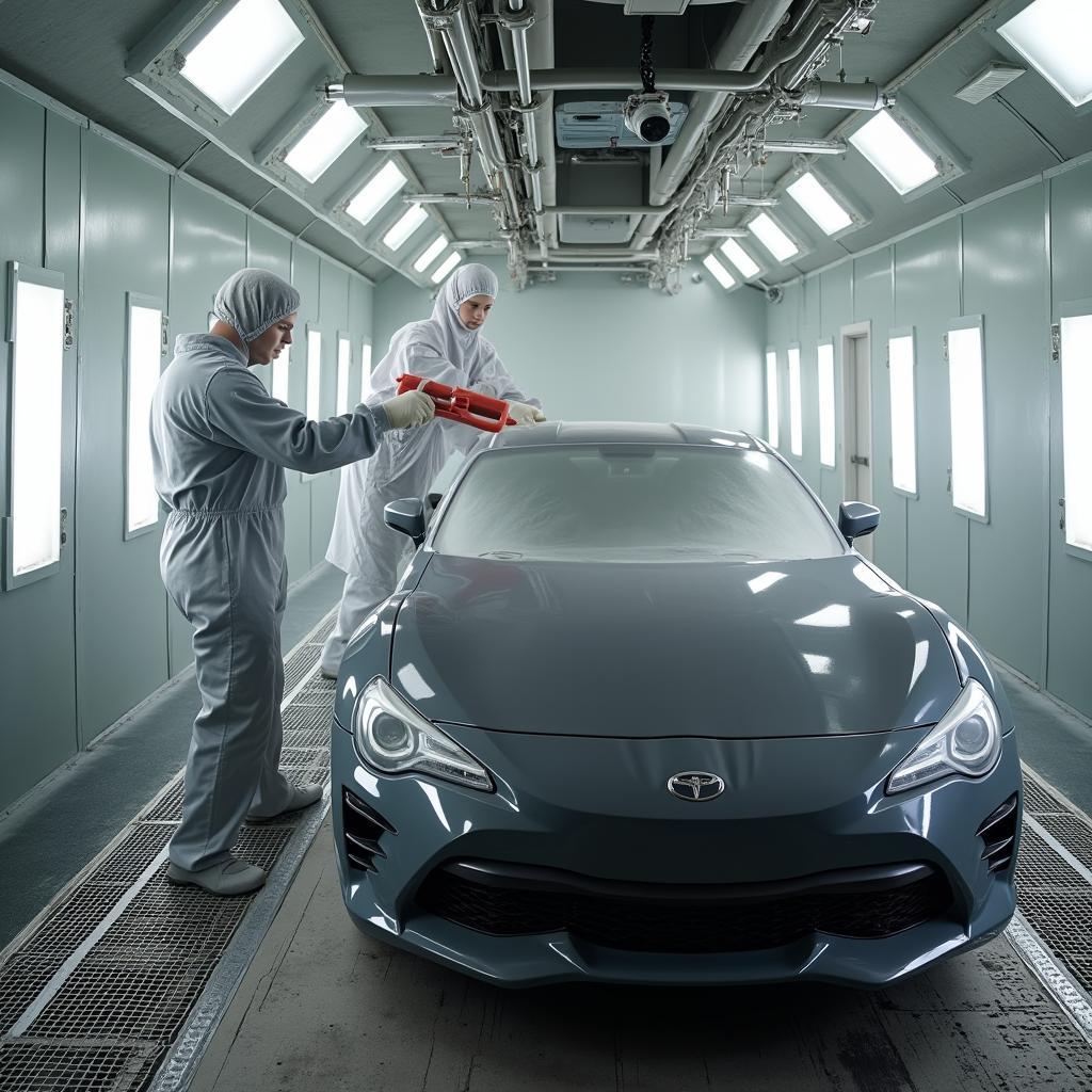 Car being painted in a Wallingford auto body shop