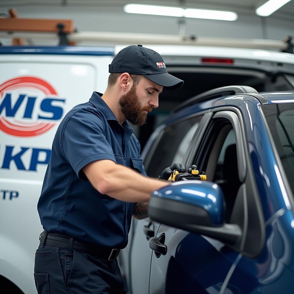 Technician performing mobile car window repair